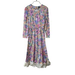 Vintage‎ ITEMS made in USA pastel floral long sleeve lace detail dress MEDIUM